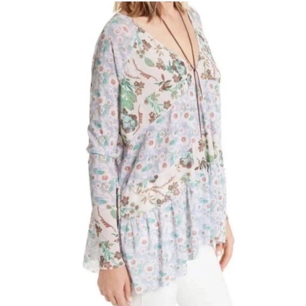 Free People Isabelle Sheer Floral Patchwork Tunic‎ Top Lavender Green Medium